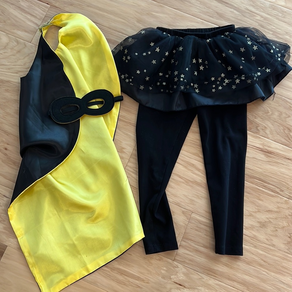 Like New Black skirt with attached leggings, Black and golf cape and eye mask.
